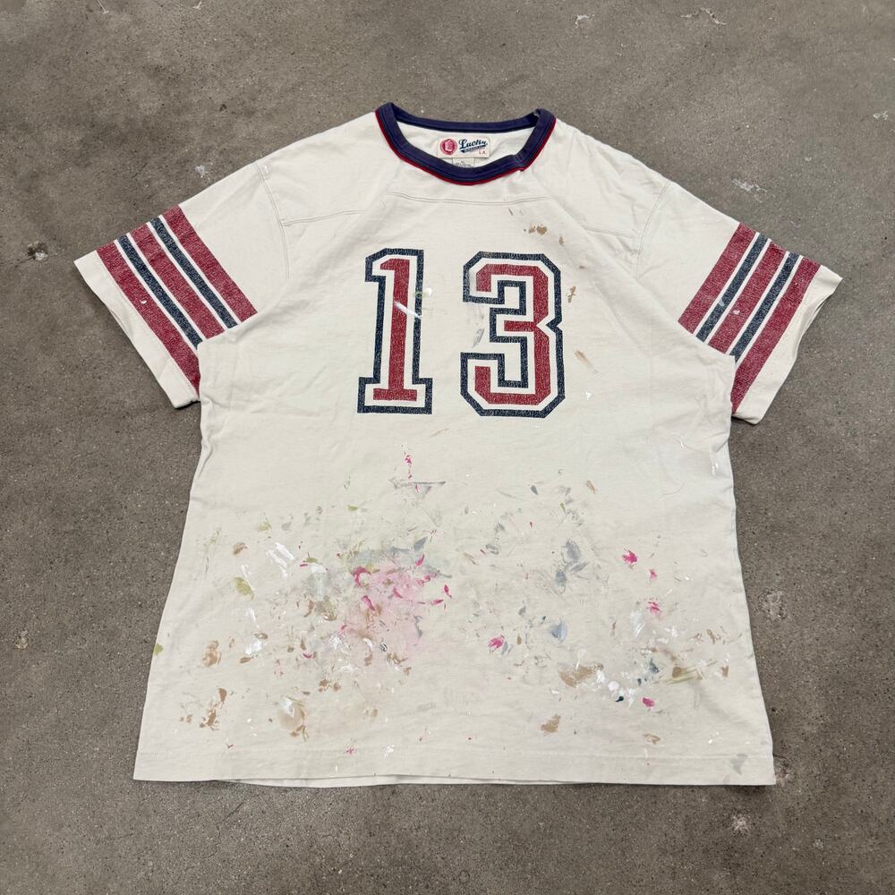 Vintage Y2K Lucky Brand Varsity Ringer #13 Paint Splatter Grunge T Shirt XL